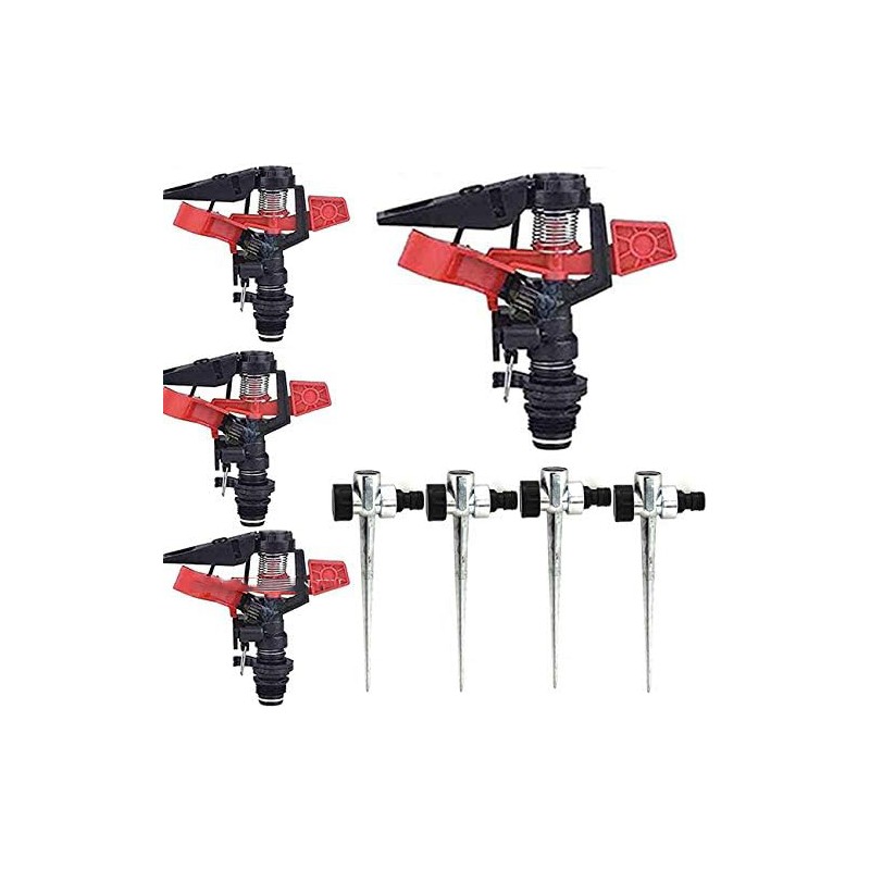 Lot de 4 Arroseur à secteur agricole 1/2'', portée 8 à 13 m, Suinga + Piquet de support arroseurs Lot de 4 Arroseur à secteur agricole 1/2'', portée 8 à 13 m, Suinga + Piquet de support arroseurs