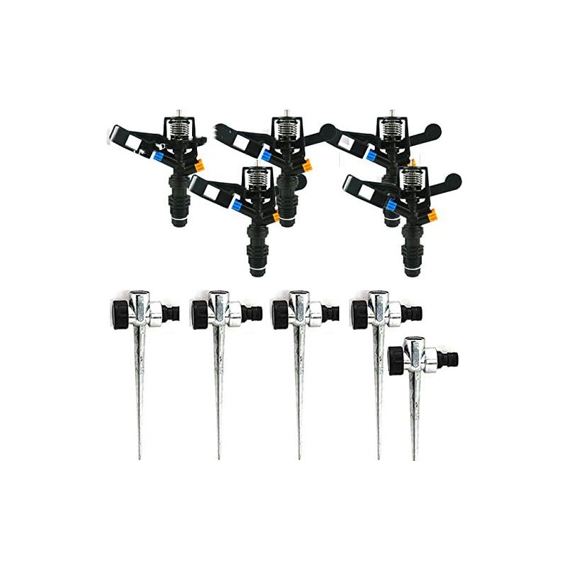 Lot de 5 Arroseur agricole d'arrosage circulaire 1/2'', portée 7-13m + Support d'arrosage en métal Lot de 5 Arroseur agricole d'arrosage circulaire 1/2'', portée 7-13m + Support d'arrosage en métal