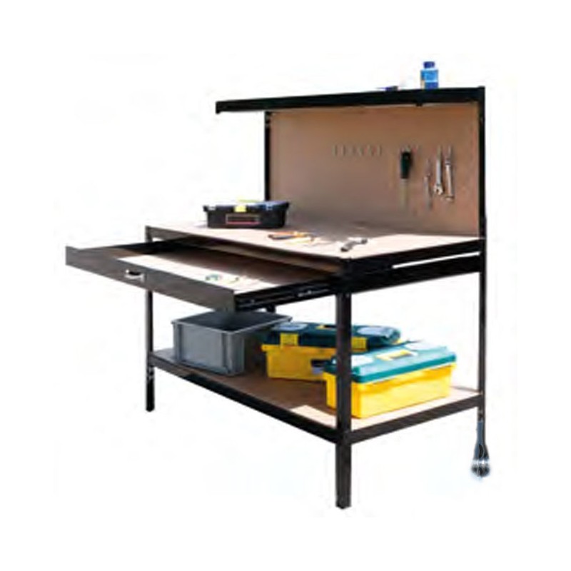 Etabli de Travail Q-Rax Noir Bricolage Rangement Atelier MDF Table de Travail Garage 150x120x60 cm