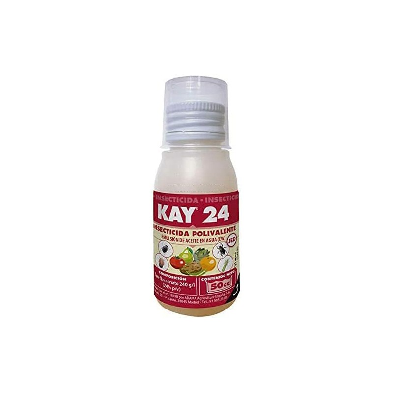 Inseticida Kay 24, 50 ml. Use em pulgões, tripes, psilídeos, moscas, empoascas e outros.
