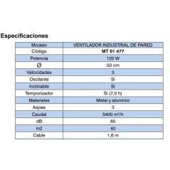 Ventilador de Pared Industrial Negro 120W, 3 Aspas de Aluminio, 50 cm y Oscilación de 85°, 3 Velocidades