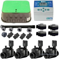 Kit di irrigazione automatica a 4 zone per irrigazione elettrica. Set di timer + elettrovalvole + accessori di installazione.