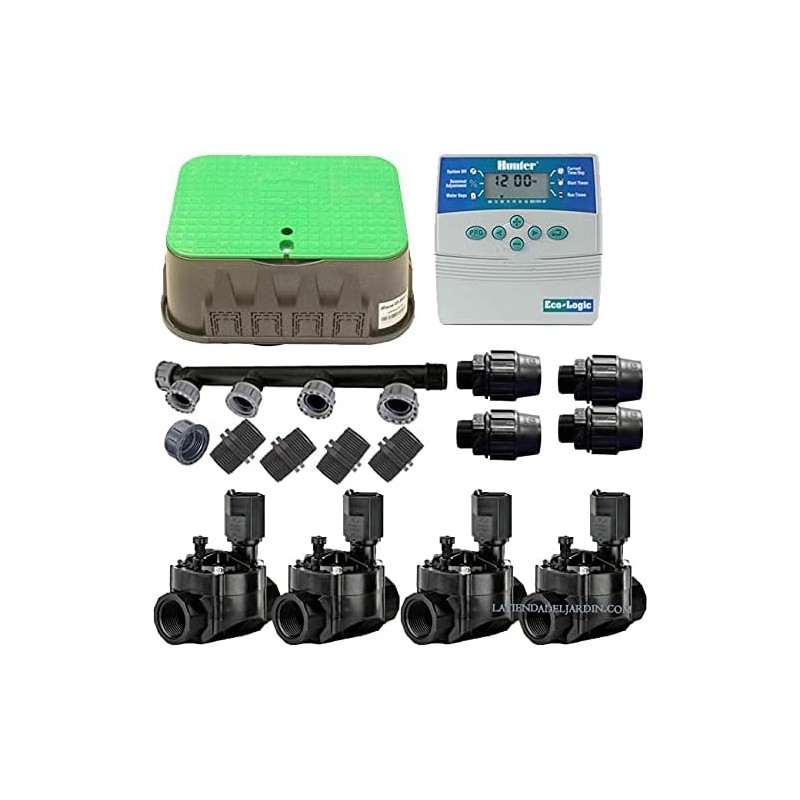 Kit Arrosage Automatique 4 zones pour irrigation pour programmateur électrique. Controlateur Hunter ELC401 + Electrovanne 100HV Kit Arrosage Automatique 4 zones pour irrigation pour programmateur électrique. Controlateur Hunter ELC401 + Electrovanne 100HV