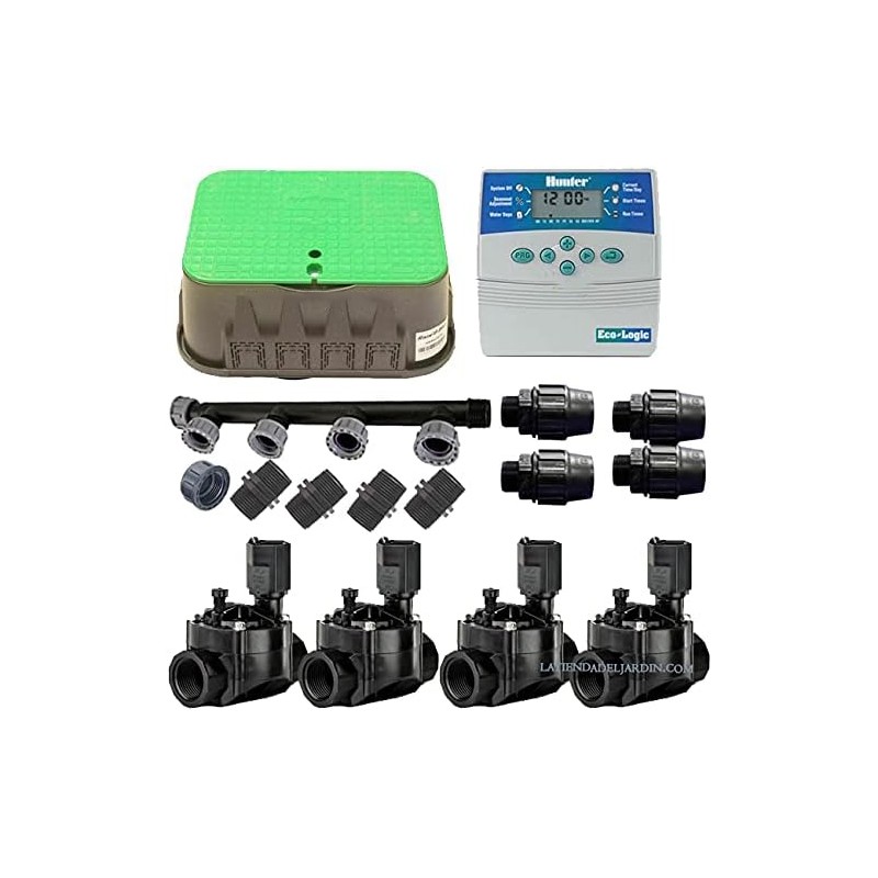 Kit Arrosage Automatique 4 zones pour irrigation pour programmateur électrique. Controlateur Hunter ELC401 + Electrovanne 100HV