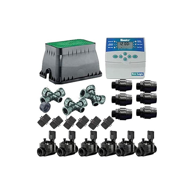Kit Arrosage Automatique 6 zones pour irrigation pour programmateur électrique. Controlateur Hunter ELC601 + Electrovanne 100HV Kit Arrosage Automatique 6 zones pour irrigation pour programmateur électrique. Controlateur Hunter ELC601 + Electrovanne 100HV