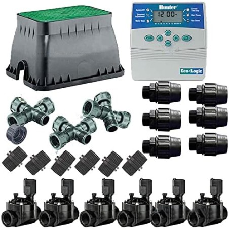 Kit de irrigação automática de 6 zonas para irrigação elétrica. Inclui temporizador, válvulas solenoides e acessórios de instala