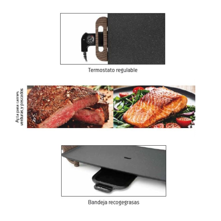 Orbegozo Keramik-Grillplatte. Einstellbarer Thermostat. Grillfläche 50 x 27 cm. Antihaftbeschichtung. 2000 W Leistung.