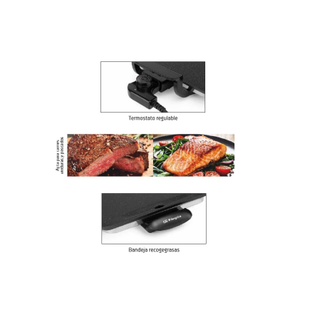 Ceramic grilling board. Adjustable thermostat. 28 x 28 cm grilling surface. Non-stick coating. 2000 W power.