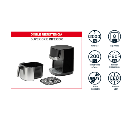 Freidora sin Aceite de 8 Litros INOX Orbegozo con Pantalla LED