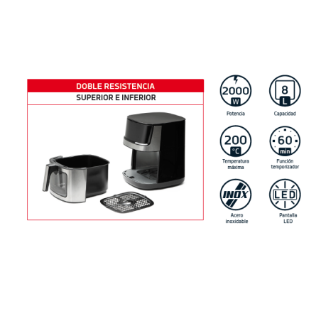 Freidora sin Aceite de 8 Litros INOX Orbegozo con Pantalla LED, 29x34,5x38cm. Con ventana para ver alimentos