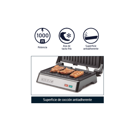 GRILL INOX Orbegozo. Placa con capa antiadherente de 23 x 14,5 cm. Potencia de 1000W