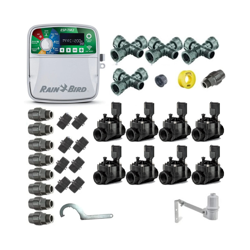 Kit professionnel d'irrigation automatique Rain Bird de 8 zones 24V pour tuyaux de 32mm