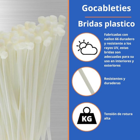 Pack 50 Bridas plastico blancas Nailon 3,6 x 300 mm | Brida blanca para Mallas de Jardin, Fontaneria, Electricidad