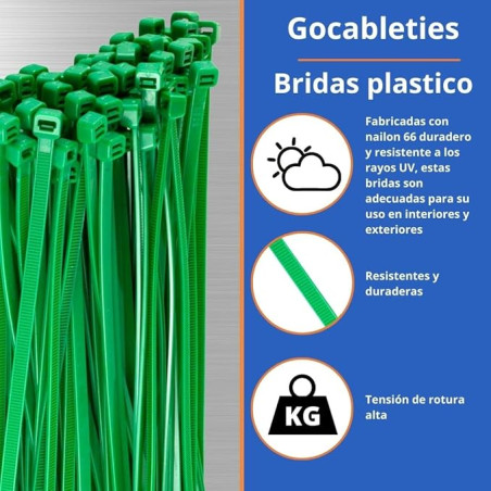 Pack 50 Bridas plastico verdes Nailon 3,6 x 200 mm | Brida verde para Mallas de Jardin, Fontaneria, Electricidad