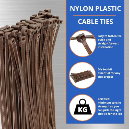Pack of 50 Brown Nylon Cable Ties, 3.6 x 300 mm | Multipurpose Brown Cable Ties for Gardening, Plumbing, and Electrical Work