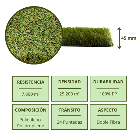 45 mm Kunstrasen in Córdoba | 2 x 10 m Rolle | Realistischer Kunstrasenteppich | Ideal für Gärten und Terrassen