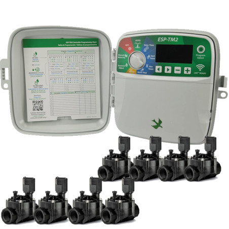 Programador de Riego automático Eléctrico ESP-TM2 8 zonas Exterior Rain Bird + 8 Electroválvulas 100HV 24V 1''