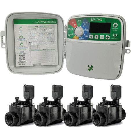 Rain Bird ESP-TM2 4-Zone Outdoor Irrigation Controller | Automatic Garden Irrigation System | 4 100HV 24V 1" Solenoid Valves