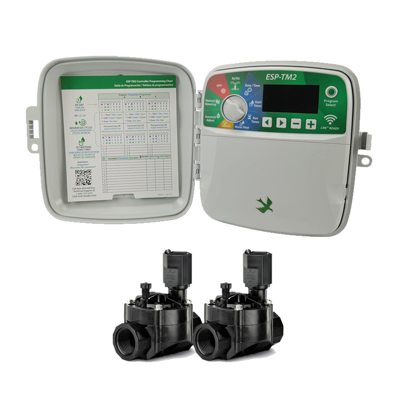 Rain Bird ESP-TM2 4-Zone Outdoor Irrigation Controller | Automatic Garden Irrigation | 2 x 100HV 24V 1" Solenoid Valves