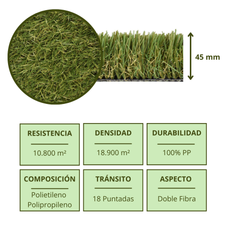 Césped Artificial 45mm Bahamas | Rollo de 2x10m | Alfombra de Hierba Sintética Realista | Ideal para Jardines y Terrazas