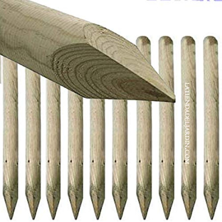 Set di 10 Tutore in Legno 200 cm, Diametro 8 cm. Palo in legno tondo con Punta, palizzata, picchetto di fissaggio