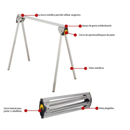 Pack 2 Caballetes Plegables metálicos Stanley | Abierto: 73,6 x 42,4 x 85,5 cm | Plegado: 10,5 x 9,6 x 79,4 cm