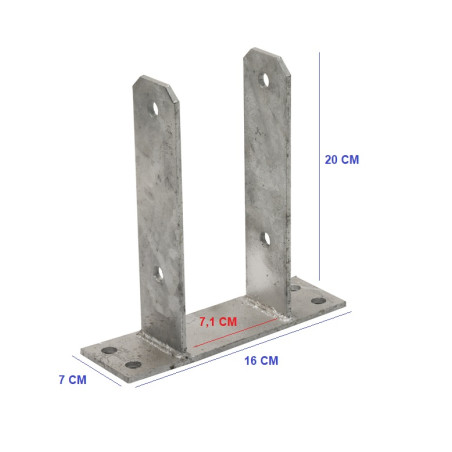 Base en U pour poteau en bois de 7 cm | Ancrage galvanisé en U | Support pour poteau en bois 16 x 20 x 7,1 cm