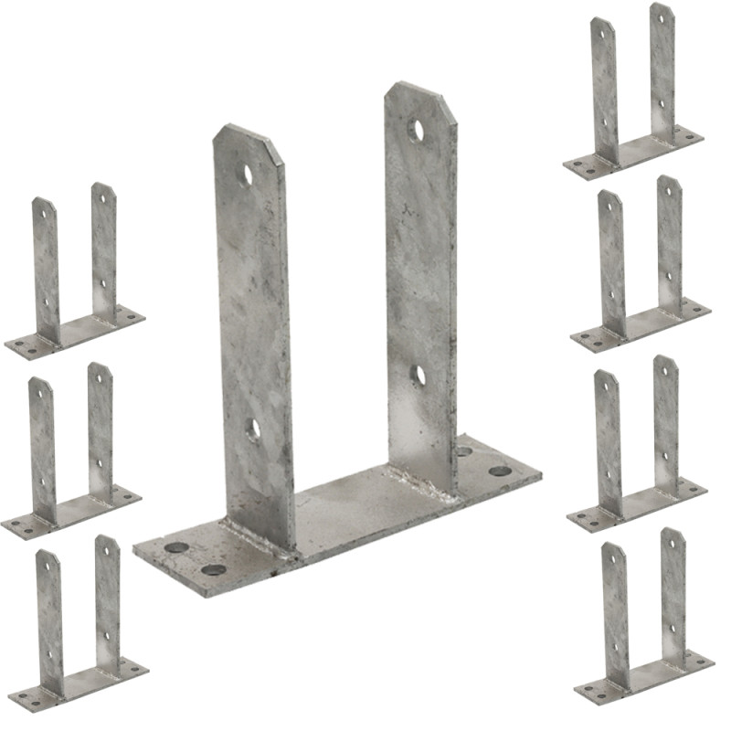 Pack 8 Base en U para Poste de madera 7 cm | Anclaje Galvanizado Suelo en U | Soporte Poste de Madera 16x20x7,1 cm