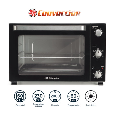 Forno Elettrico da Tavolo 60L Orbegozo | Funzione di Convezione | 60,2 x 38,6 x 47 cm | Timer | Temperatura Regolabile