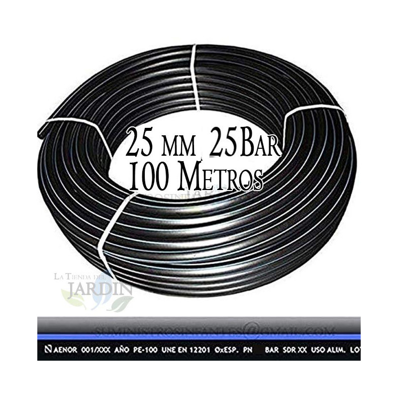 Tuyau eau potable 25 mm 25 bar 100 m | Tube 25 mm PE100 alimentaire haute densité | Tube en polyéthylène bande bleue AENOR Tuyau eau potable 25 mm 25 bar 100 m | Tube 25 mm PE100 alimentaire haute densité | Tube en polyéthylène bande bleue AENOR