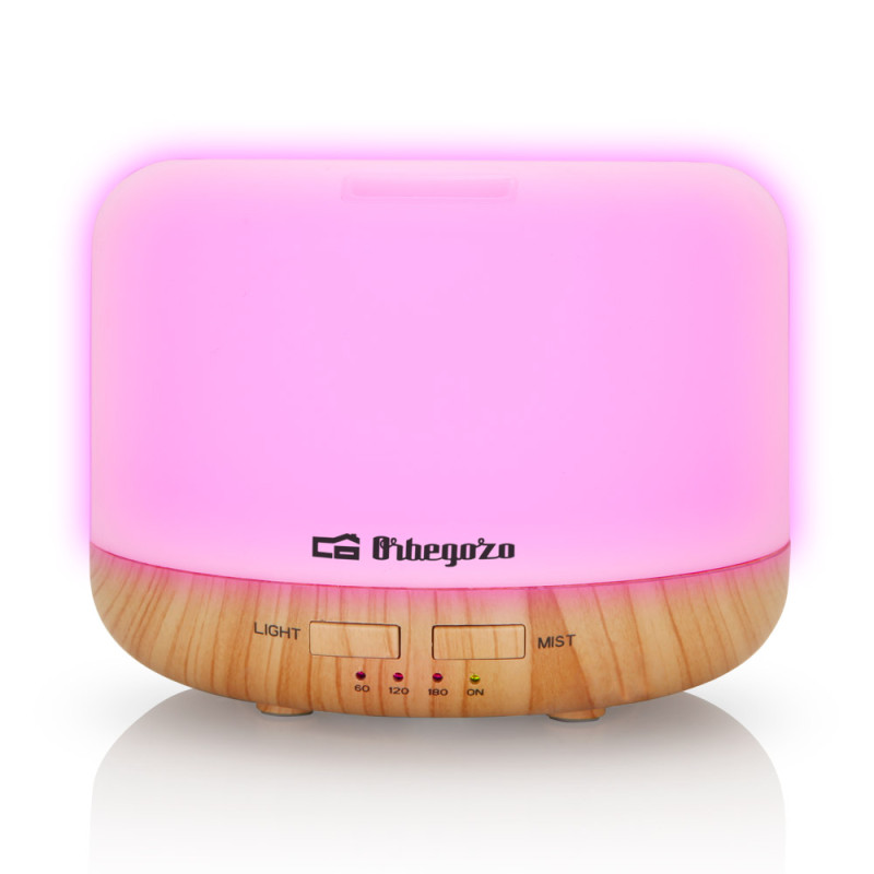 Umidificador de aromaterapia Orbegozo 400ml | Difusor de óleos essenciais com luz LED | 14,3 x 10,9 x 14,3 cm | Temporizador