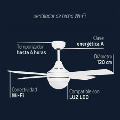 Orbegozo Deckenventilator WiFi mit LED-Beleuchtung | Mit App steuerbar | Fernbedienung | 4 Flügel mit 120 cm Durchmesser | Weiß