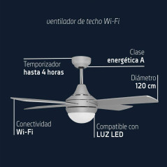 Ventilatore da soffitto WiFi con luce LED Orbegozo | Controllabile tramite App | Telecomando | 4 pale di diametro 120 cm | Grigi