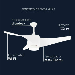 Orbegozo Deckenventilator WiFi mit LED-Beleuchtung | Mit App steuerbar | Fernbedienung | 3 Flügel mit 132 cm Durchmesser