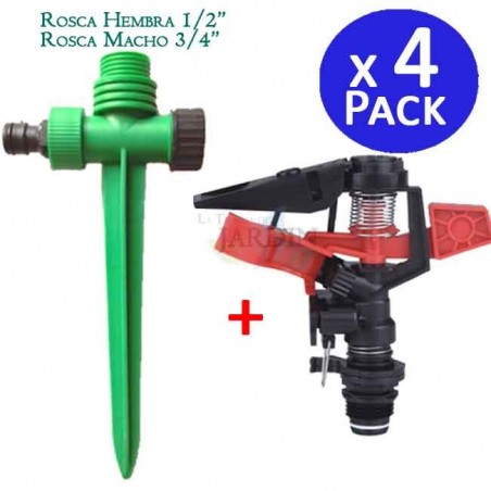 Set di 4 Irrigatore Agricolo Settoriale 1/2'', portata da 8-13 m + Picchetto di Supporto per Irrigatore