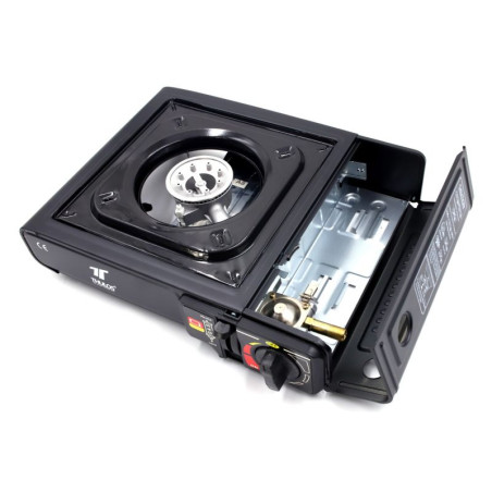 Thulos dual portable stove, works with gas cartridge or external gas bottle.