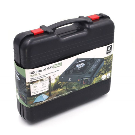 Réchaud portable double Thulos, fonctionne avec cartouche de gaz ou bouteille de gaz externe.