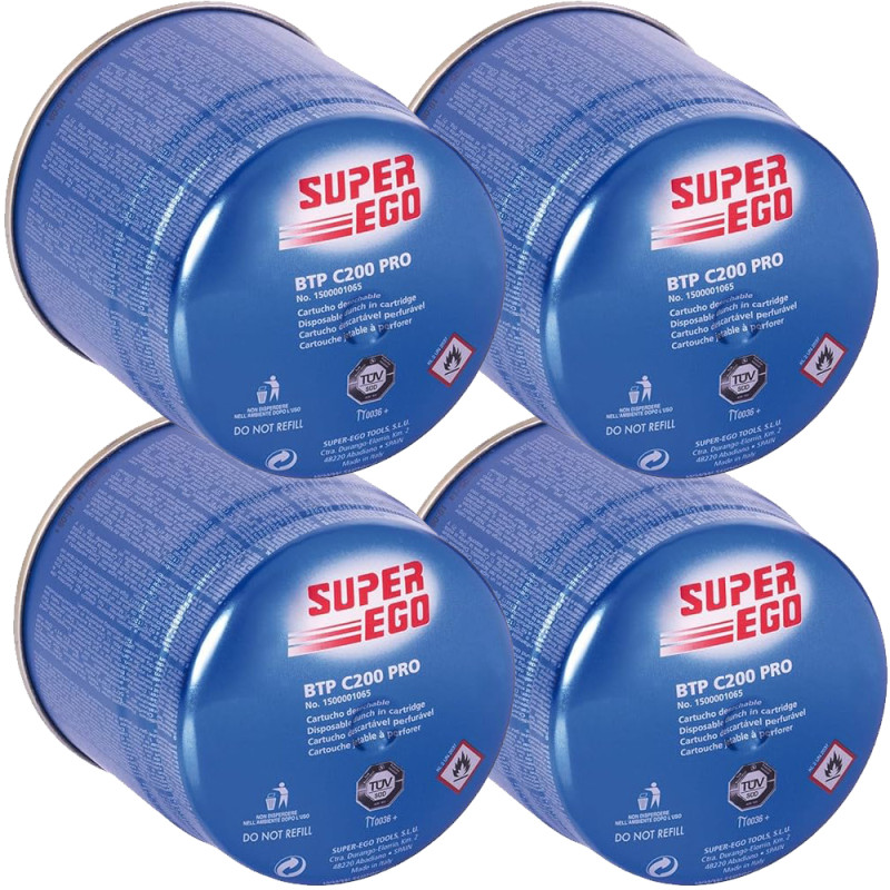 Lot de 4 Cartouche de gaz butane SuperEgo 190 g pour poêles à brûleur, cartouche de gaz de camping C200 Lot de 4 Cartouche de gaz butane SuperEgo 190 g pour poêles à brûleur, cartouche de gaz de camping C200