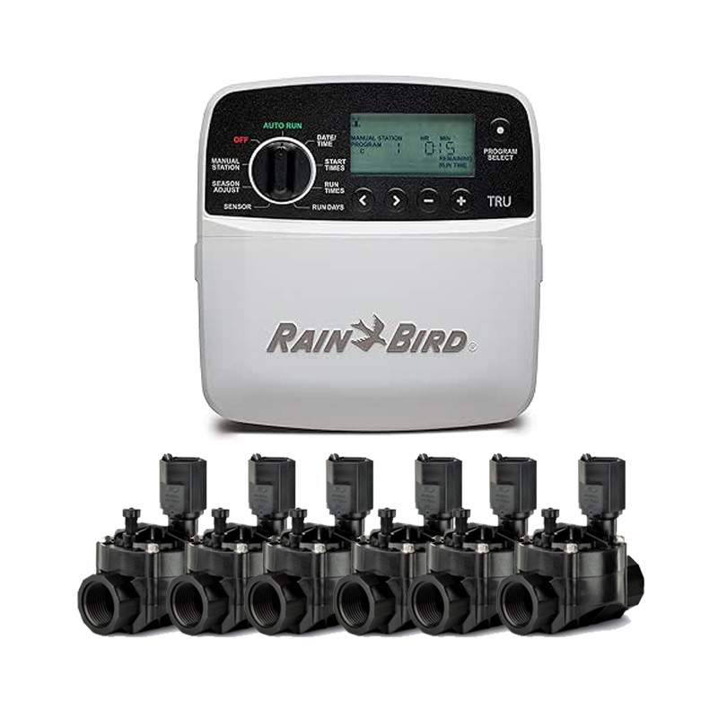 Programador de Riego TRU 6 zonas Interior Rain Bird + Electroválvulas 100HV 24V