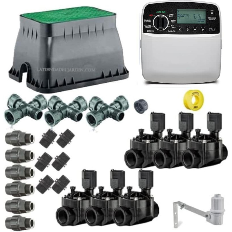 Pack profesional de Riego Automático Rain Bird de 6 zonas 24v para Tuberia 32mm, automatización de riego
