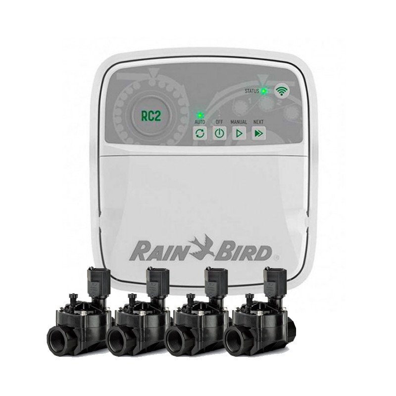 Rain Bird RC2 4-Zone Indoor WiFi Irrigation Controller + 4 100HV 24V 1" Solenoid Valves | Automatic Garden Irrigation Rain Bird RC2 4-Zone Indoor WiFi Irrigation Controller + 4 100HV 24V 1" Solenoid Valves | Automatic Garden Irrigation