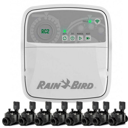 Programador de Riego Wifi RC2 8 zonas Exterior Rain Bird + 8 Electroválvulas 100HV 24V