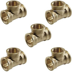 Pack 5 Te latón Hembra 1/2'' | Accesorio latón Aenor | Te rosca hembra 1/2'' | Unión Tubos Riego | Conector Latón Tubos