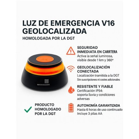 Éclairage de secours V16 homologué DGT avec géolocalisation