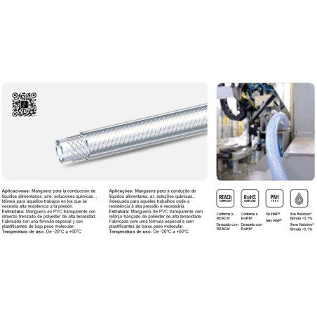 Tubo in vetro trasparente (14x18mm, 50m), pvc, conduzione da 20º a + 60º di liquidi, benzina, diesel, acqua, olio