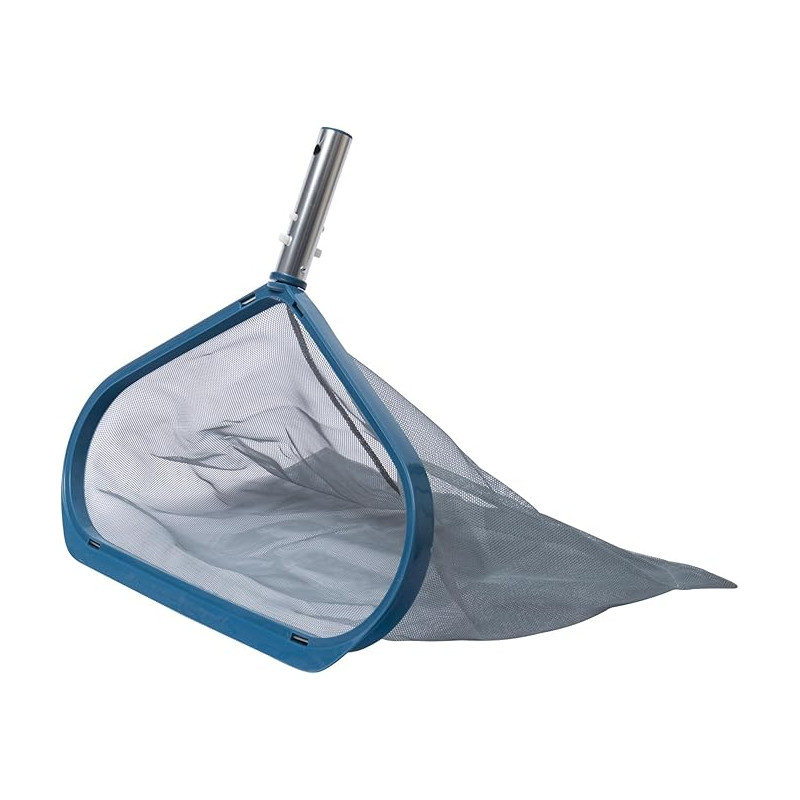 Coletor de folhas para fundo de piscina com estrutura robusta de alumínio e rede durável para remoção eficaz de detritos.