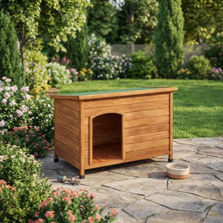 Casinha de cachorro de madeira com telhado plano, 85x58x58 cm, à prova d'água e durável, interna ou externa