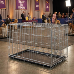 Dog cage for transport and exhibition with tray