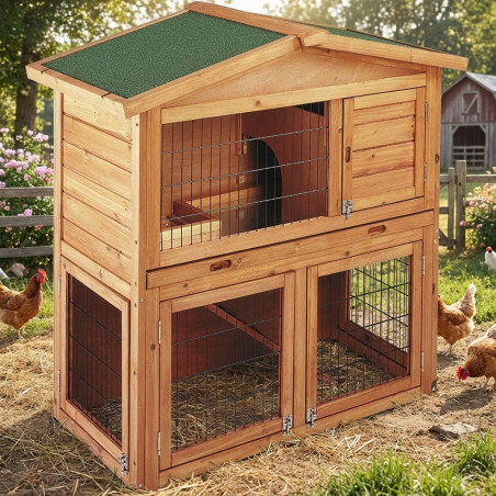 Poulailler en bois de Prague 102x55x100 cm, Cabane en bois pour poules à deux niveaux avec deux portes