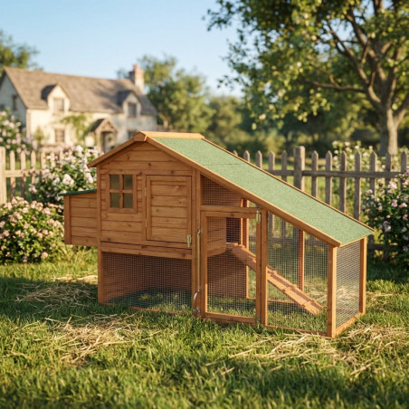 Pollaio in legno Amsterdam 195x77x105 cm | Casetta per galline con recinto e grande nido | Con porte indipendenti